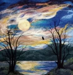 a painting of trees and water with a full moon in the background