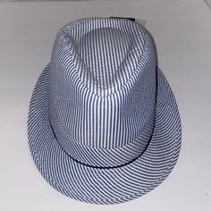 Pamoa Hat, Blue And White, Side L/Xl, Seersucker With Tags, Never Worn, Good Condition Adjustable Striped Hats For Spring, Striped Fedora Hat For Spring, Striped Sun Hat For Spring, Adjustable Striped Spring Hats, Casual Adjustable Blue Fedora, Spring Adjustable Striped Hats, Spring Striped Adjustable Hats, Casual Blue Fedora Sun Hat, Blue Brimmed Fedora For Spring