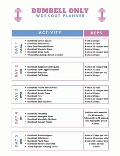 the dumbble only workout planner is shown in pink, blue and purple colors with instructions for