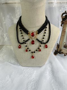 This price is for a necklace only, others are not included. Red And Black Beaded Necklaces, Gothic Jewelry Diy, Vampire Necklace, Vampire Jewelry, Beads Chain, A Necklace, Gothic Jewelry, Jewelry Projects, Dark Black