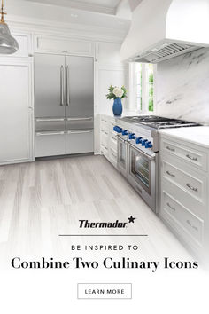 a kitchen with white cabinets and marble counter tops, the words be inspired to combine two culinary icons