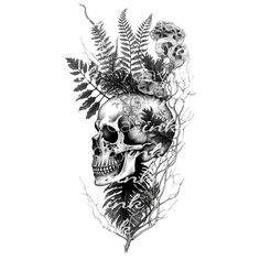 a black and white drawing of a skull surrounded by plants