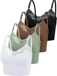 PRICES MAY VARY. Different Colors Bralette Combination: this package comes with 4 pieces of lace tank tops for women, which are available in 4 beautiful colors, including black, coffee, green, white, simple and classic, rich colors and enough quantity to meet your use and replacement needs Lace Trim Design: these lace trim camisoles for women adopt lace trim design at the neckline, can be worn on different occasions, elegant and stylish lace trim, making you more attractive in a crowd Soft Mater Camisole Bra, Bra Inserts, Spaghetti Strap Crop Top, Cropped Camisole, Strap Crop Top, Set Outfits, Lace Cami Top, Lace Bandeau, Cami Set