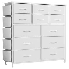 a white dresser with six drawers and two shelves on each side, in front of a white background