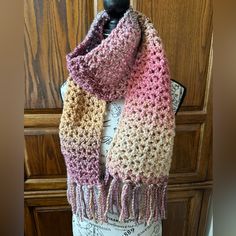 New! Handmade Lacy Type Weave Scarf With Fringe In Beautiful Colors Of Pinks,Rose, Mauves And Some Wheat Shades All Variegated Into Beauty! Approximately 6-3/4 In Wide X 66 In Long Including Fringe. Mach Wash In Garment Bag And Lay Flat To Dry. Acrylic Premium Yarn. Non Smoking/No Pets In Craft Room. Knit Fringe Scarf Pattern, Ladder Yarn Scarf, Knitted Shawl With Fringe, Adding Tassels To Scarf, Tassles On Crochet Scarf, Fringe Scarf Crochet, Poncho Wrap Shawl, Weave Scarf, Crochet Ruffle Scarf