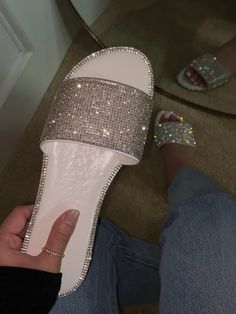 Sizing: true to size - Open toe - Embellished design - Approx. 1" heel Sparkly Sandals Outfit, Sparkly Sandles, Sparkly Chanclas, Sparkly Slides, Cute Slides For Women, Sandals Sparkly, Glittery Sandals, Diamond Sandals, Fancy Sandals