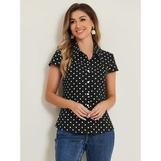 This crepe shirt features a button front and a short cap sleeve. A vintage polka dot over the summer top in a bold hue destined for the spotlight at dinner, events, or while out with friends. A vintage polka dot pattern brings eye-catching volume to a sweet summer shirt styled with a short sleeve and textured with subtle crepe. It is suitable for many occasions. Summer Polka Dot Collared Blouse, Polka Dot Shirt With Button Closure For Work, Polka Dot Short Sleeve Blouse For Work, Polka Dot Collared Blouse With Button Closure, Fitted Polka Dot Blouse With Button Closure, Spring Short Sleeve Polka Dot Shirt, Polka Dot Short Sleeve Summer Shirt, Retro Polka Dot Short Sleeve Blouse, Retro Summer Blouse In Polka Dot