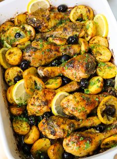 chicken with lemons and olives in a casserole dish