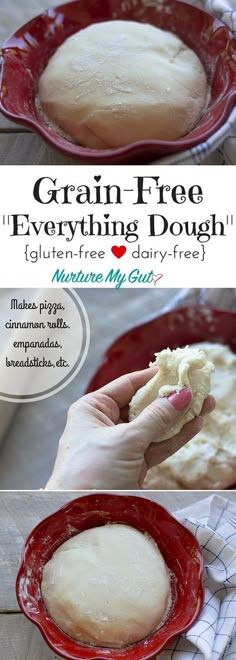 a person holding a piece of bread over a red plate with the words grain - free everything dough on it