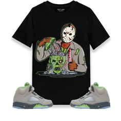 Shirt/Tee/T-Shirt to match Air Jordan sneakers. Outfit for Air Jordan kicks. What to wear with Air Jordan? Style up Air Jordan shoes. Shirt to match sneakers ------------ Custom Tee's made to match your sneakers! * SHOES NOT INCLUDED * Regular fit Runs true to size 100% cotton Tracking information included! The screen on your device (computers, phone, and tablet, etc.) may display different colors and saturations from the actual garment. Also, the item colors may not be as saturated in person as Casual Halloween T-shirt For Streetwear, Green Halloween T-shirt For Streetwear, Casual Halloween Fan Merchandise T-shirt, Jordan 5 Retro Green Bean, Halloween Jason, Zombie Head, Jordan Style, Doll Halloween Costume, Scary Dolls