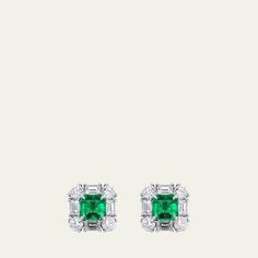 Bayco stud earrings Platinum  Colombian emerald-cut emeralds Round and baguette-cut diamonds  Total diamond carat weight: 2.19 Total emerald carat weight: 2.19  For pierced ears Made in USA from imported materials Bayco Jewelry, Earrings Platinum, Emerald And Diamond Earrings, Colombian Emeralds, Baguette Cut Diamond, Diamond Stud Earrings, Diamond Carat, Baguette Cut, Diamond Stud