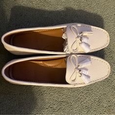 Ladies Cream Coach Leather Loafers Size 5.5b, These Are Brand New! Please Feel Free To Ask Any Questions! I Don’t Have The Original Box, But I Will Put Them In Another Coach Shoe Box For The Buyer! Thank You! Spring Office Tassel Loafers Slip-on, Spring Tassel Loafers For Office, Flat Tassel Loafers For Office In Spring, Casual Tassel Loafers For Office, Coach Classic Slip-on Loafers, Classic Coach Slip-on Loafers, Coach Leather Loafers For Spring, Elegant Coach Loafers With Flat Heel, Spring Slip-on Boat Shoes With Textured Sole