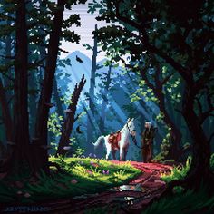 two horses standing in the middle of a forest next to a man on a horse