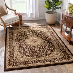 a living room area with a rug, chair and potted plant