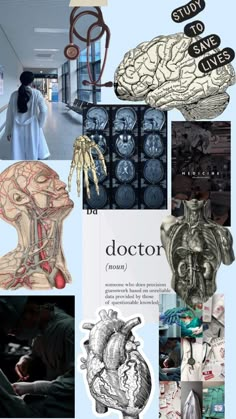 a collage of images with the words doctor on them and an image of a human head