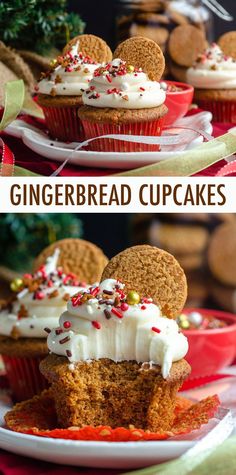 gingerbread cupcakes with white frosting and sprinkles on top