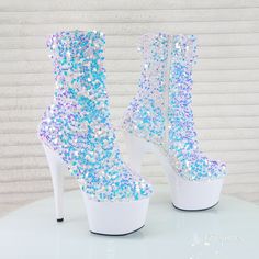 7" (178mm) Heel, 2 3/4" (70mm) Platform Sequin Ankle Boots Featuring Multi Sequined Body, Inner Side Zip Closure New In Box Authentic Pleaser Brand Item Picture Taken With And Without Flash Party Platform Ankle Boot Heels, Platform Ankle Boot Heels For Party, White Heeled Boots With Round Toe For Party, White High Heel Boots For Party, Blue High Ankle Heels For Party, White High Ankle Boots For Party, White High-top Platform Heels, Party High-top Platform Boots With 4-inch Heel, White Closed Toe Party Boots