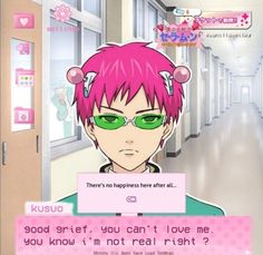 an anime character with pink hair and green eyes in a hallway, looking at the camera