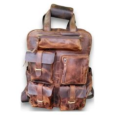 Material: Buffalo Hide Inner lining : Polyester Lining. Dimensions : 17 Inches (Height) X 12 Inches (Width) X 5 Inches (Depth). Hardware : Brass polished buckle  The Backpack is crafted out of the premium quality of Buff leather.  The backpack has five pockets in front, one of them has zipper and rest has brass buckles.  The leather bag has two compartments; one of them is well padded for Laptop. The bag also has a small pocket, card and pen holder section on the inside.  The bag has two zipper Casual Outdoor Laptop Bag, Rugged Backpack For Everyday Use, Durable Backpack For Daily Use, Pocket Card, Brass Buckle, Hiking Backpack, Men's Backpack, Pen Holder, Pen Holders