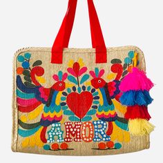 Welcome to SOLOLI, your whimsical haven for cute and boho-chic palm leaves tote bags adorned with hand-painted art. Prepare to be captivated by our collection inspired by the intricate Otomi patterns, infused with vibrant colors and bursts of love. Each bag is a unique work of art, carefully handcrafted and meticulously hand-painted, ensuring exquisite quality and attention to detail. Embrace the joy of self-expression with our one-of-a-kind palm leaves tote bags. Not only are they adorned with Embroidered Double Handle Vacation Bags, Vacation Bag With Multicolor Embroidery, Multicolor Embroidered Vacation Bag, Summer Bags With Multicolor Embroidery For Daily Use, Summer Tote Shoulder Bag With Multicolor Embroidery, Summer Multicolor Embroidered Tote Shoulder Bag, Multicolor Embroidered Bags For Daily Summer Use, Red Hand Painted Bags, Whimsical Handmade Bags For Everyday Use