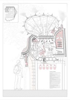 a drawing of a ferris wheel with people standing around it and looking at the plan