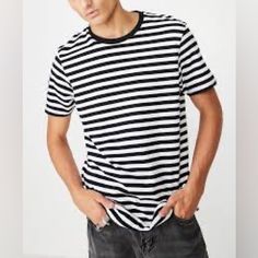 T-Bar Premium Crew Neck T Shirt. Size M Nwt Approx Measurements Lenght 29” Pit2pit 20” Blue And White Stripes Regular Fit Short Sleeve Cotton Viscose Polyester Basic Striped Short Sleeve Tops, Trendy Striped T-shirt With Relaxed Fit, Everyday Striped Cotton Tops, Striped Cotton T-shirt For Spring, Casual Crew Neck Tops For Everyday, Spring Striped Cotton T-shirt, Striped Cotton Crew Neck Shirt, Striped Cotton Crew Neck Top, Casual Striped Crew Neck Shirt