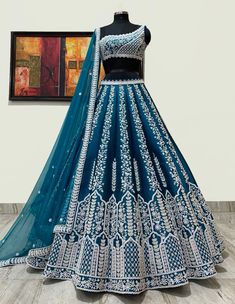 Teal Milani Lehenga Set without Sleeves Orang India, White Lehenga, Party Wear Lehenga Choli, Blue Lehenga, Gaun Fashion, Indian Wedding Wear, Lehenga Collection