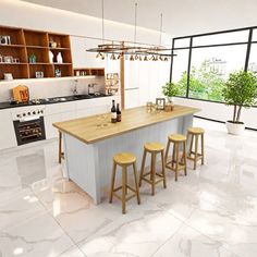 a kitchen with an island and three stools