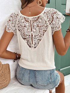 Albaricoque Casual Collar manga corta Tela tejida Liso  Embellished Estiramiento medio Summer Knit Tops, Romantic Floral Print, Sleepwear Sets, Summer Knitting, Summer Cotton, Long Sleeve Casual, Women Clothes Sale, Summer Women, Women Clothing