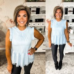 Get dressed up or go causal with this High Expectations Top. This light wash chambray top offers a unique flair with its ruffle sleeveless and pintuck detailed neck. Feel extra fabulous when adding the frayed hem and keyhole back details to the look. Whether you're out with friends or at the office, you'll be sure to make a stylish statement in this top. Dare to reach for the stars and wear your High Expectations proudly!   95% Polyester, 5% Spandex Trendy Light Wash Denim Top With Ruffles, Casual Washed Blue Soft-washed Tops, Light Wash Fitted Ruffle Top, Spring Blue Pre-washed Top, Comfortable Soft-washed Blue Tops, Rachel Clark, Reach For The Stars, Chambray Top, High Expectations