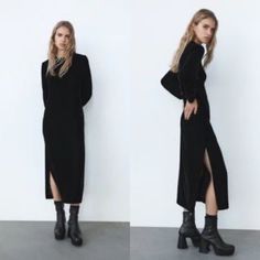 Zara Black Velvet Midi Length Dress. Sleek Minimal Chic Fitted Velvet Dress. Long Sleeve Ruched Sleeves. Features A Side Split, High Neckline. Brand New Without Tags! Measurements 51” Long 24” Sleeve 17” Pit To Pit Fitted Velvet Dress, Velvet Dress Long Sleeve, Zara Pleated Dress, Pink Leopard Print Dress, Plaid Bodycon Dress, Cream Midi Dress, Long Dresses Casual Maxi, Black Knee Length Dress, Velvet Dress Long