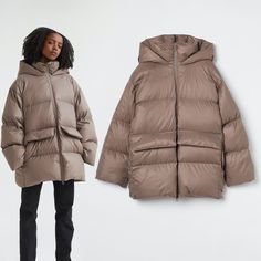 H&M  Oversized Down Coat in Taupe Concept: Trend   /   Quality: Premium Selection   Size: XS Oversized, relaxed-fit jacket in nylon with 80% down and 20% feather fill. Hood with zipper, stand-up collar, and two-way zipper at front with anti-chafe chin guard. Dropped shoulders, internal drawstring at back of waist, and front pockets with flap and zipper. Lined.   Shell: Polyamide 100% Padding: Down 80%, Feather 20% Lining: Polyamide 100%  Art. No.1011879002 Oversized Duck Down Outerwear For Fall, Winter Oversized Duck Down Outerwear, Oversized Duck Down Parka With Long Sleeves, Oversized Duck Down Puffer Jacket, Duck Down Puffer Outerwear For Fall, Duck Down Outerwear With Detachable Hood For Fall, Duck Down Puffer Parka For Fall, Duck Down Puffer Outerwear, Oversized Duck Down Parka For Winter