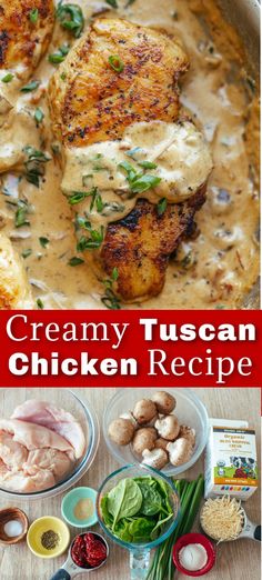 This creamy Tuscan Chicken pairs chicken breasts with mushrooms, sun-dried tomatoes, and fresh spinach, all in an irresistible savory, cheesy cream sauce. If you love one-pan chicken recipes, this Tuscan Chicken Recipe is sure to become a new favorite. Tuscan Chicken is definitely one of those dishes you’ll find yourself making again and again. It’s a restaurant-worthy dish you can make at home for a fraction of the cost. Organic Chicken Recipes, Chicken Mushroom Pasta, Family Supper