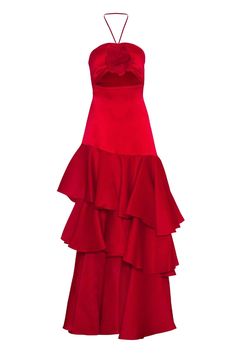 La Rosa Gown – Modatrova Elegant Tiered Evening Dress For Prom, Elegant Tiered Dresses For Prom Season, Elegant Tiered Prom Evening Dress, Elegant Sleeveless Ruffle Dress For Prom, Elegant Tiered Ruffle Dress For Prom, Elegant Ruffled Maxi Dress For Prom, Elegant Tiered Maxi Dress For Prom, Glamorous Tiered Evening Dress With Ruffles, Red Satin Ruffled Dress