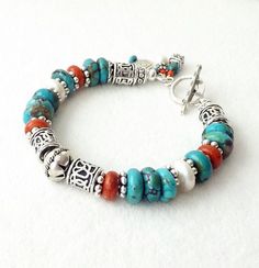 Turquoise Bracelet Turquoise Red Coral by connectionsbymaya Southwest Fashion, Cowgirl Bracelets, American Bracelet, Red Coral Jewellery, Turquoise Silver Bracelet, Western Bracelets, Jewelry Stacking, Sundance Style, Jewelry Designing