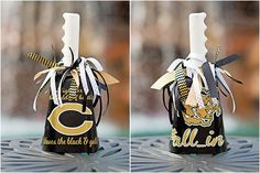 two pictures of a bottle with the letter c on it and ribbon tied around it