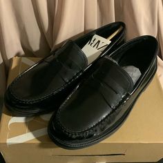 - Black Loafers - Size Usa 9 - Comfortable - Lightweight - Perfect For The Office - Nwt Classic Black Leather Shoes For Spring, Classic Black Loafers For Spring, Classic Black Flat Oxfords, Classic Black Dress Shoes For Fall, Classic Black Slip-ons For Fall, Black Wingtip Loafers For Spring, Classic Black Moccasins For Spring, Classic Black Flat Leather Shoes, Zara Black Loafers For Work