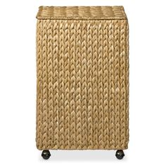 a large woven storage basket on wheels