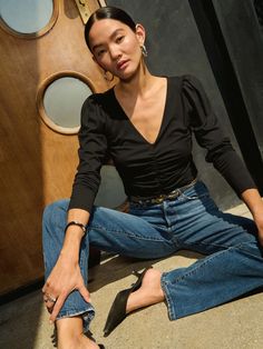 A flattering shirred-all-over V-neck long sleeve with shoulder pads for a subtle puff? Yes, please. (This one comes in Jet Black.) | Angelina Top in Jet Black | Ethical Essentials Rails Clothing, Edwin Jeans, Retro Brand, Mother Denim, Yes Please, New Tops, Shirt Accessories, Hat Hairstyles, Pima Cotton