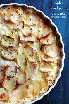 baked potato casserole in a white dish on a blue background with the words loaded baked potato casserole