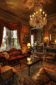 an ornate living room with chandelier and couches