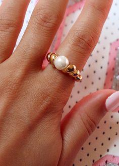 Stainless steel, 18k gold plated pearl ring Classic Jewelry Ring With Pearl Charm, Classic Gold Plated Round Pearl Ring, Round Metal Pearl Ring As Gift, Gold Plated Pearl Ring, Gold Pearl Ring With Metal Band, Gold Pearl Open Ring, Gold Open Pearl Ring, Pearl White Open Ring Pearl Jewelry, Gold Pearl Charm Open Ring