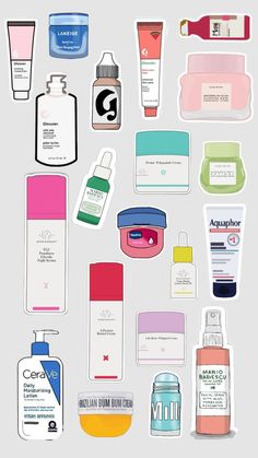 an assortment of skin care products on a gray background