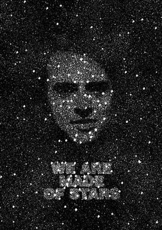 a black and white photo of a man's face with stars in the background