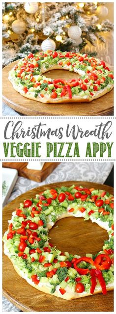 christmas wreath veggie pizza appetizer is displayed on a wooden platter