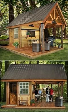 two pictures of the outside of a small cabin with an open porch and kitchen area