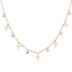 Delicate 14K gold dangling diamond bezel and cross necklace, consisting of one petite diamond cross on the center and intercalated bezel set diamonds. Item Information: Metal: 14k Gold Weight: 2.85g Cross Height: 6.5mm Chain Length: 16"+1"+1" Adjustable Gemstone Information: Gemstone(s): Diamond Total Carat Weight: 0.10 Luxury Cross-shaped Diamond Necklace For Formal Occasions, Luxury Diamond Cross Necklace With Diamond Accents, Diamond Cross Necklace, Bezel Set Diamond, Diamond Cross, Bezel Diamond, Rose Gold Necklace, Bezel Setting, Chain Lengths