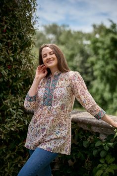 🌷 FLORINA Add a splash of colour to your wardrobe with our Florina Tunic in vibrating floral prints. Florina was created for a comfortable loose fit, and decorated with floral hand block prints. Sizings: Size S:   Shoulders 38cm - 14.9" Bust  96cm - 37.7" Length approx. 71cm - 29.5" Size M:   Shoulders 40cm - 15.7" Bust  100cm - 40" Length approx. 75cm - 29.5" Size L:   Shoulders 44cm - 17.3" Bust  106cm - 42" Length approx. 75cm - 29.5" Materials: Fabric: 100% Hand Block Printed Cotton  Care I Casual Pink Summer Kurta, Casual Pink Kurta For Summer, Pink Bohemian Cotton Kurta, Spring Folk Style Multicolor Kurta, Bohemian Cream Tunic For Summer, Bohemian Blouse For Summer Garden Party, Folk Style Multicolor Spring Kurta, Multicolor Folk Style Kurta For Spring, Folk Style Multicolor Kurta For Spring