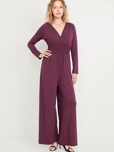 Waist-Defined V-Neck Jumpsuit | Old Navy Chic V-neck Jumpsuits And Rompers With Smocked Back, V-neck Jumpsuits And Rompers For Date Night In Fall, Elegant Romper With Smocked Back, Stretch Jumpsuits And Rompers With Smocked Back, Fitted V-neck Jumpsuits And Rompers With Smocked Back, Long Sleeve Jumpsuits For Date Night In Fall, Spring Long Sleeve Jumpsuits With Elastic Waistband, Chic Jumpsuits And Rompers With Smocked Back And V-neck, Spring Long Sleeve Jumpsuits And Rompers With Elastic Waistband