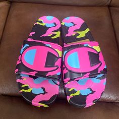 Brand New Champion Women’s Slide Size: 10 Color: Black/Pink Camo Casual Pink Open Toe Sneakers, Spring Pink Open Toe Sneakers, Champion Slides, Champion Shoes, Pink Polka Dot Dress, Rainbow Logo, Swim Shoes, Pink Camo, Womens Slides